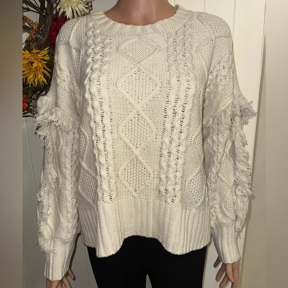 A.N.A Cream Cable Knit Fringe Sleeve Pullover Sweater Size L